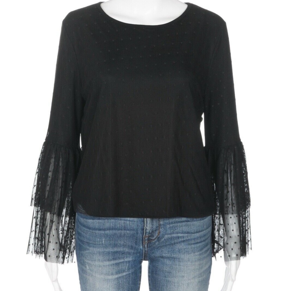 Pebble and Stone black dot tulle bell sleeve top